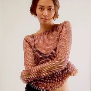 Free People intimately Filter Finish Ruby Red Long Sleeve Rhinestone Top